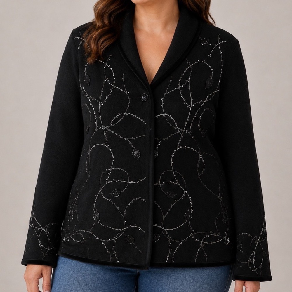 Vintage Kate Hill Wool Jacket Women's Petite L Black Embroidered Artsy Blazer